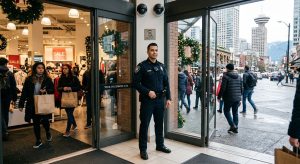 Vigilant Regent Security loss prevention officer at Vancouver retail store entrance with shoppers, CCTV surveillance, and city skyline.