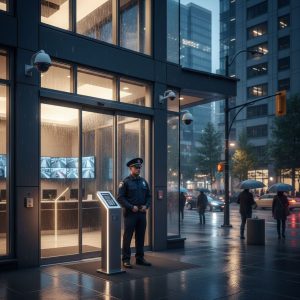 Professional photograph of a security guard at the entrance of a modern commercial building in rainy downtown Vancouver, highlighting security features like CCTV and keycard access.