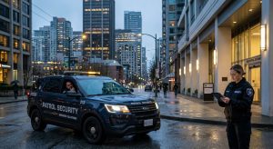 Dynamic Vancouver twilight security scene with mobile patrol vehicle on rainy street and static guard at building entrance.