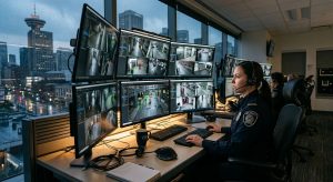 Modern Vancouver security control room with uniformed professional monitoring AI surveillance screens, rainy skyline view.