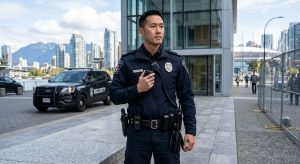 Professional security guard in uniform standing alert outside Vancouver commercial building with radio, vehicle, and skyline.