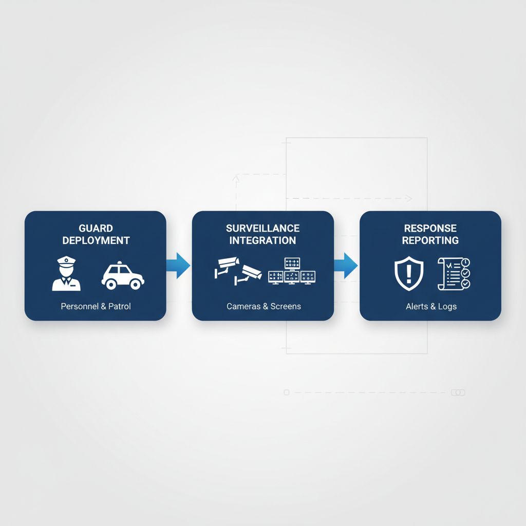 Horizontal process flow diagram illustrating three stages of construction site security: guard deployment, surveillance integration, and response reporting.