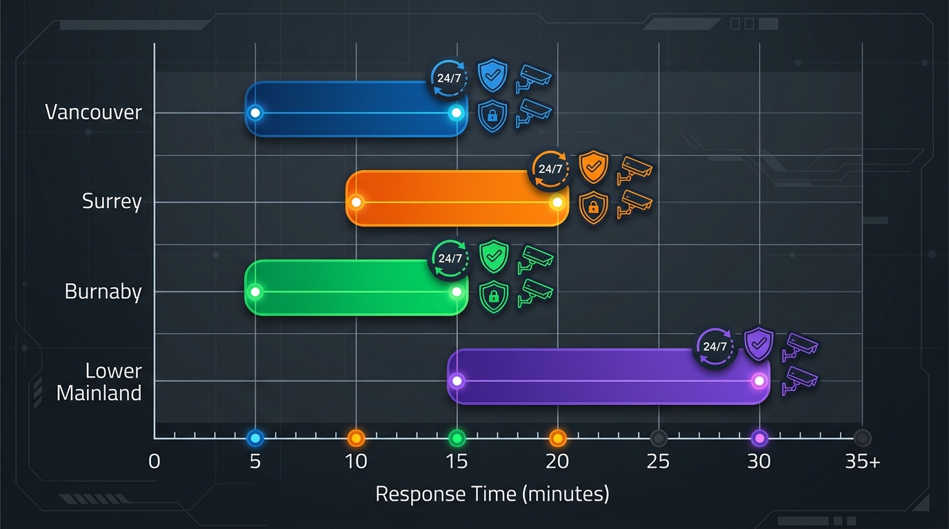 Horizontal bar chart of alarm response times in Vancouver, Surrey, Burnaby, Lower Mainland service areas