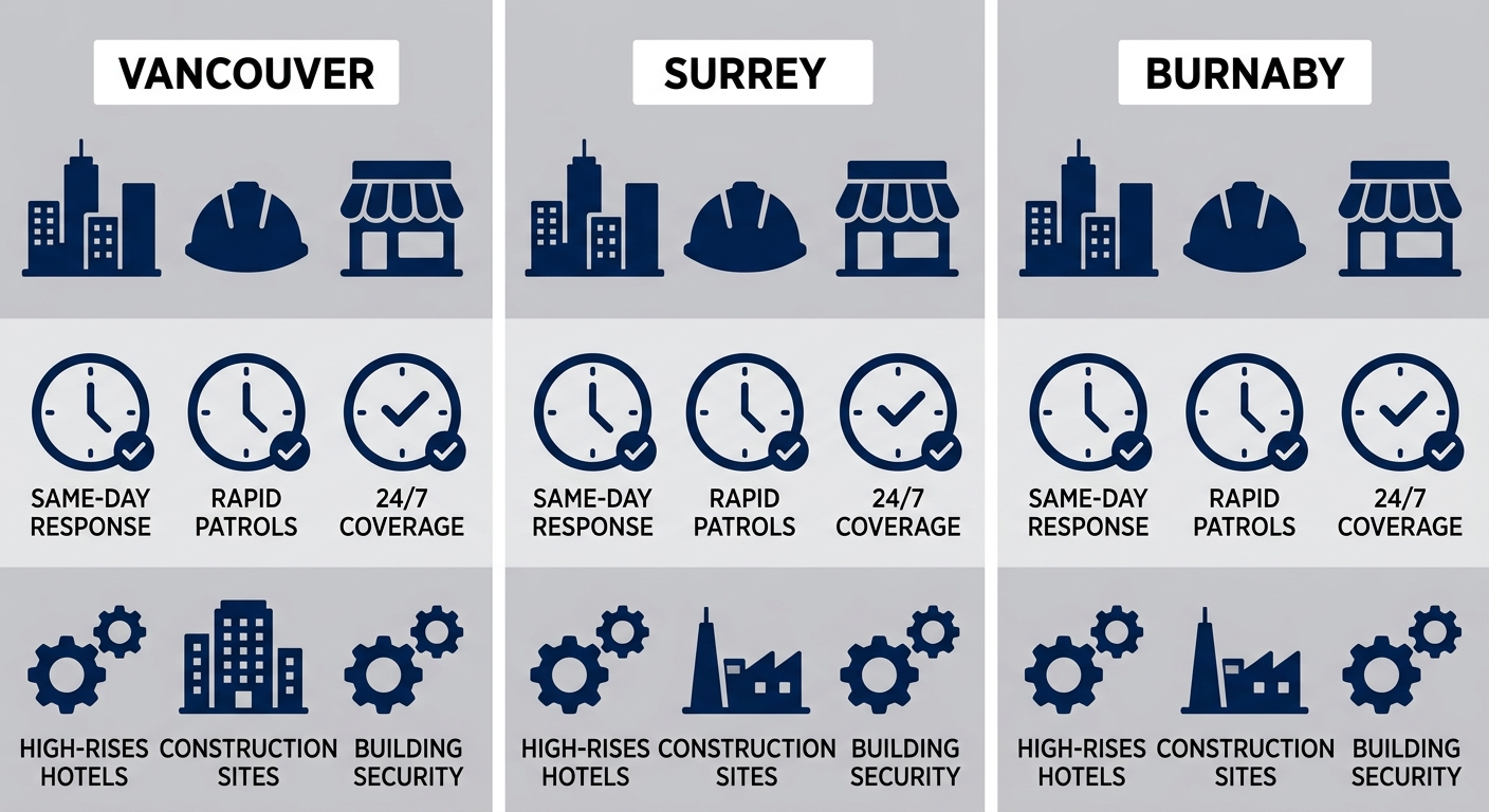 Infographic comparing security cost factors, response times, and customizations in Vancouver, Surrey, and Burnaby