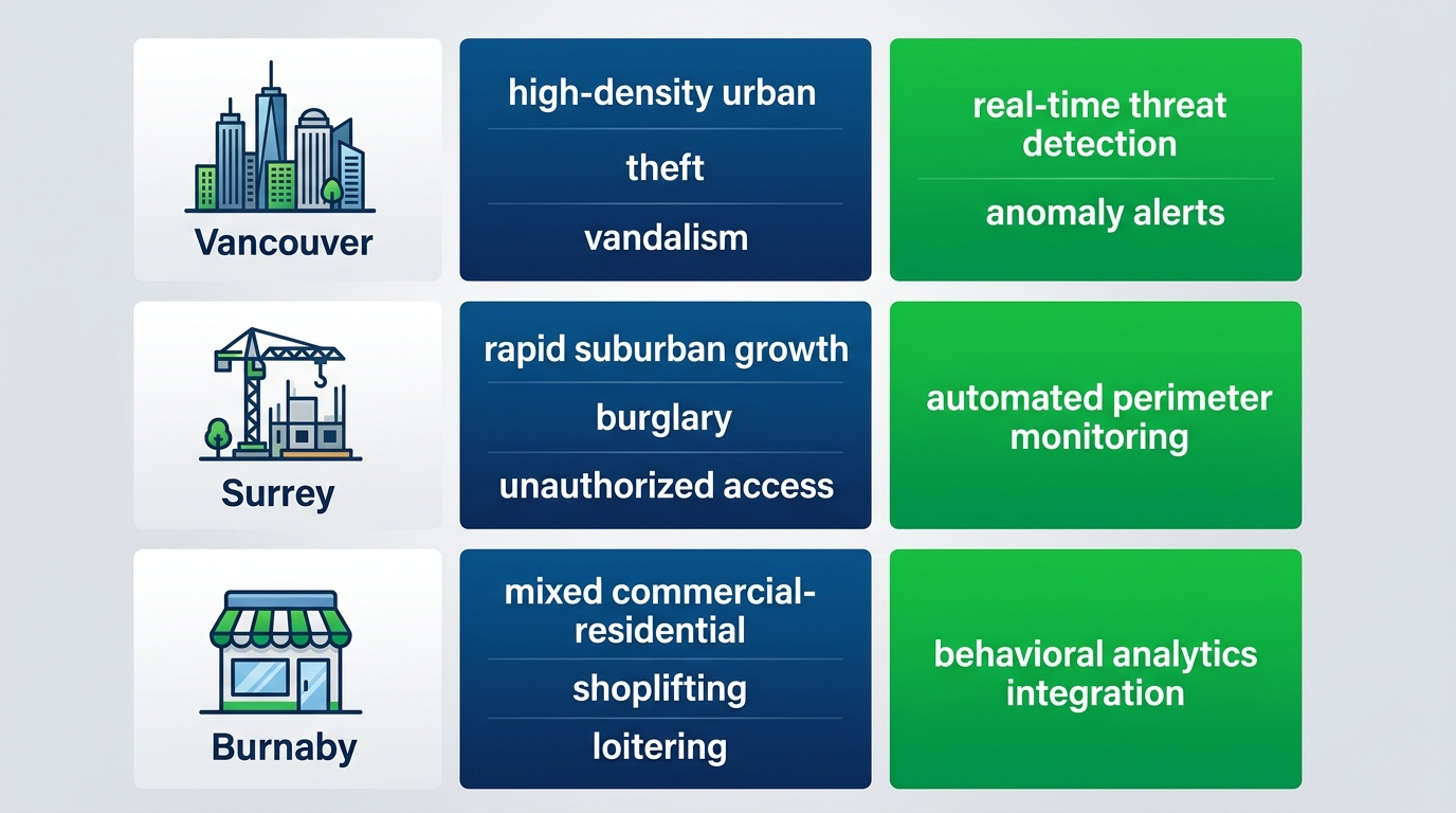 Infographic comparing security challenges, threats, and AI surveillance benefits in Vancouver, Surrey, and Burnaby