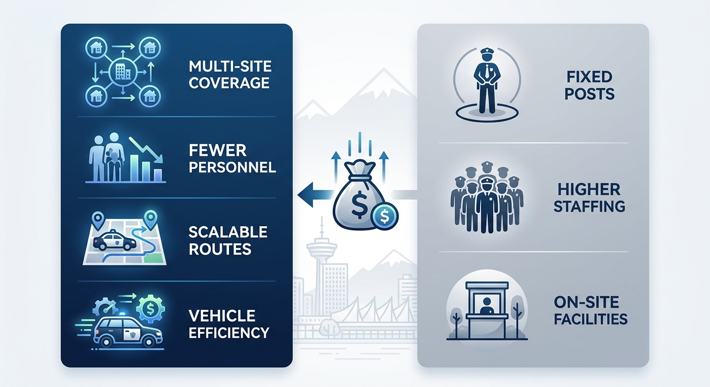 Infographic comparing cost advantages of mobile security patrols versus static guards for Vancouver commercial properties