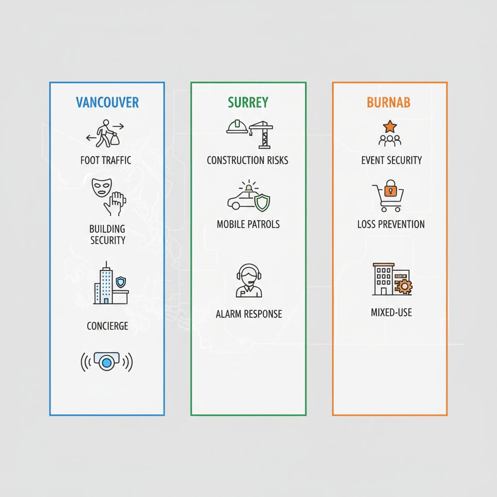 Infographic comparing security requirements in Vancouver, Surrey, and Burnaby with icons for risks and services.