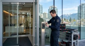 Professional security technician installing access control system at modern commercial building entrance in downtown Vancouver with urban skyline background