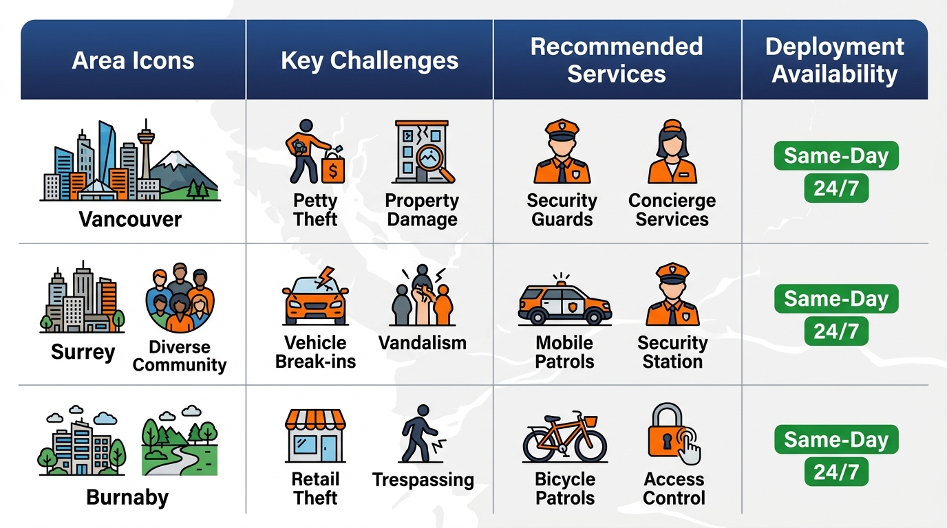 Infographic table comparing security needs across Vancouver, Surrey, and Burnaby: areas, challenges like theft and vandalism, recommended services including guards and patrols, and deployment availability.