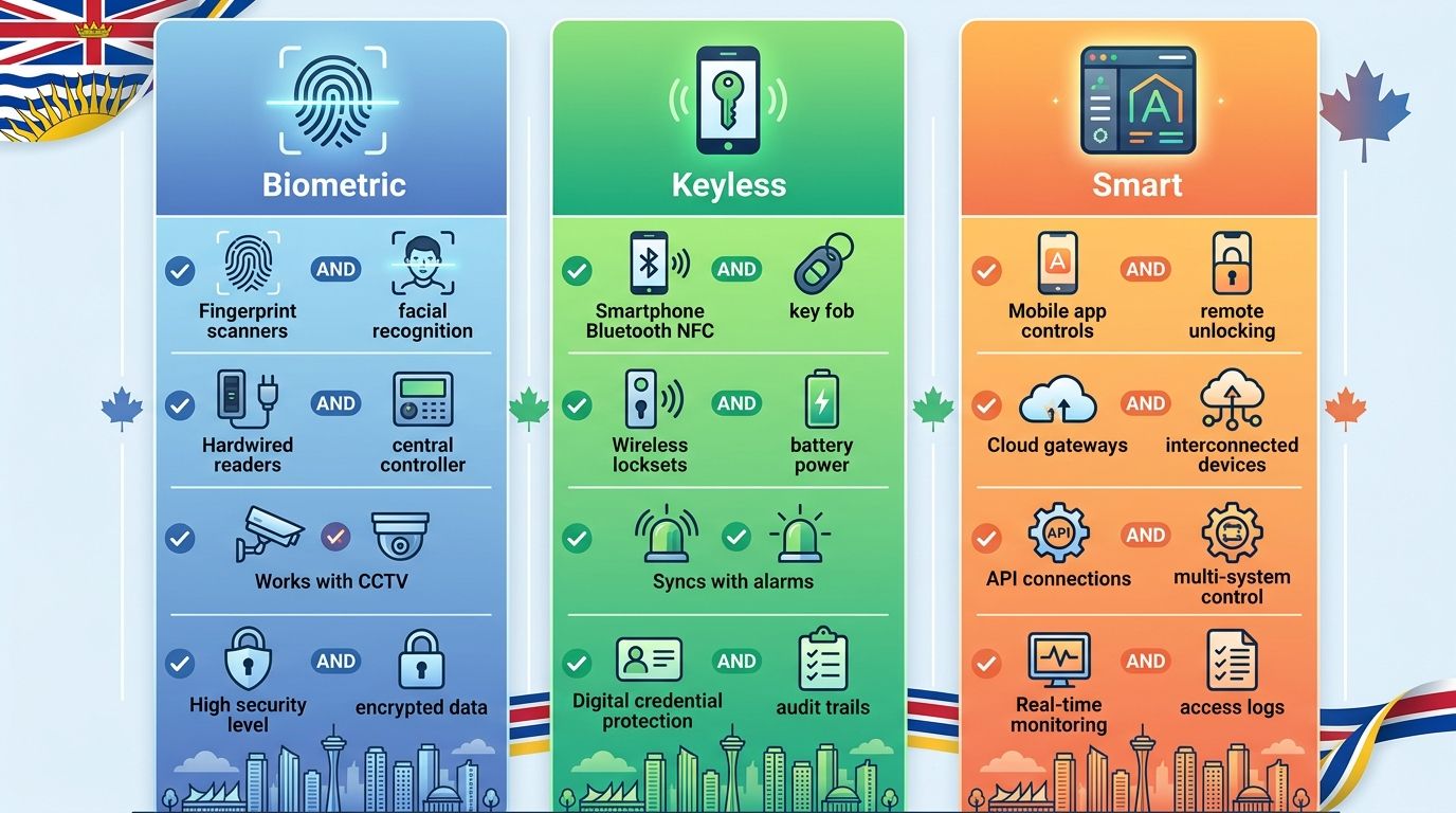 Infographic comparing biometric, keyless, and smart access control systems with icons, feature rows using checkmarks and symbols for BC properties.