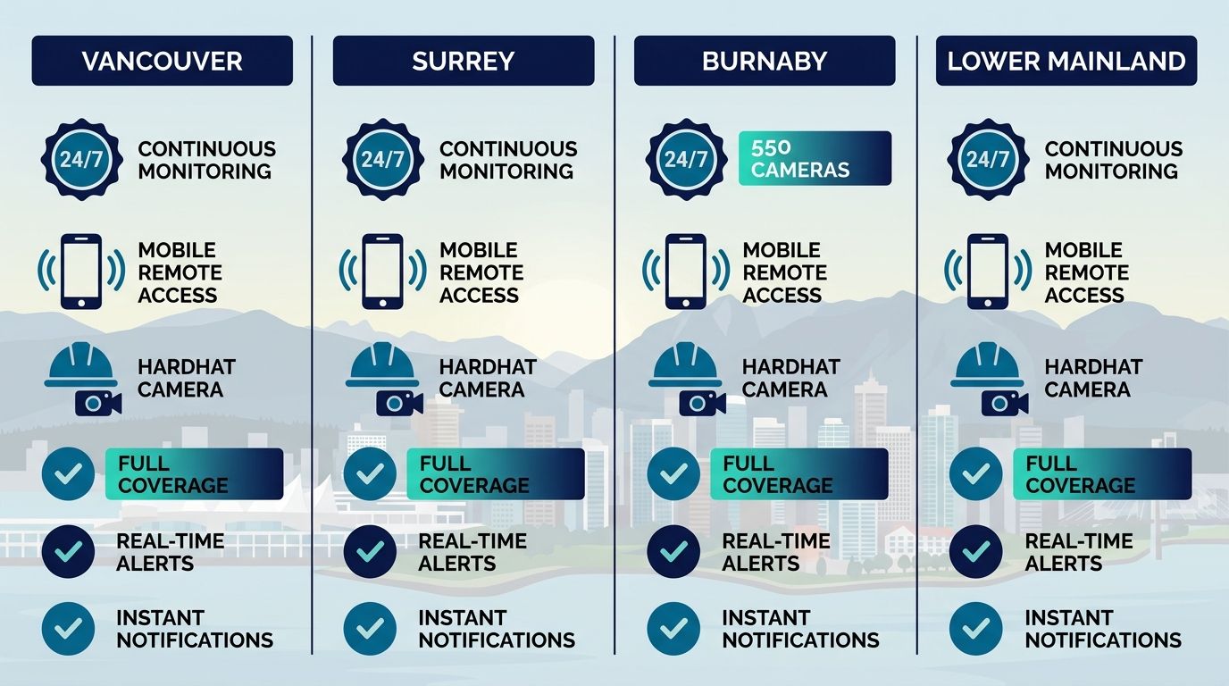 Infographic showing CCTV monitoring coverage comparison for Vancouver, Surrey, Burnaby, and Lower Mainland with feature icons and indicators