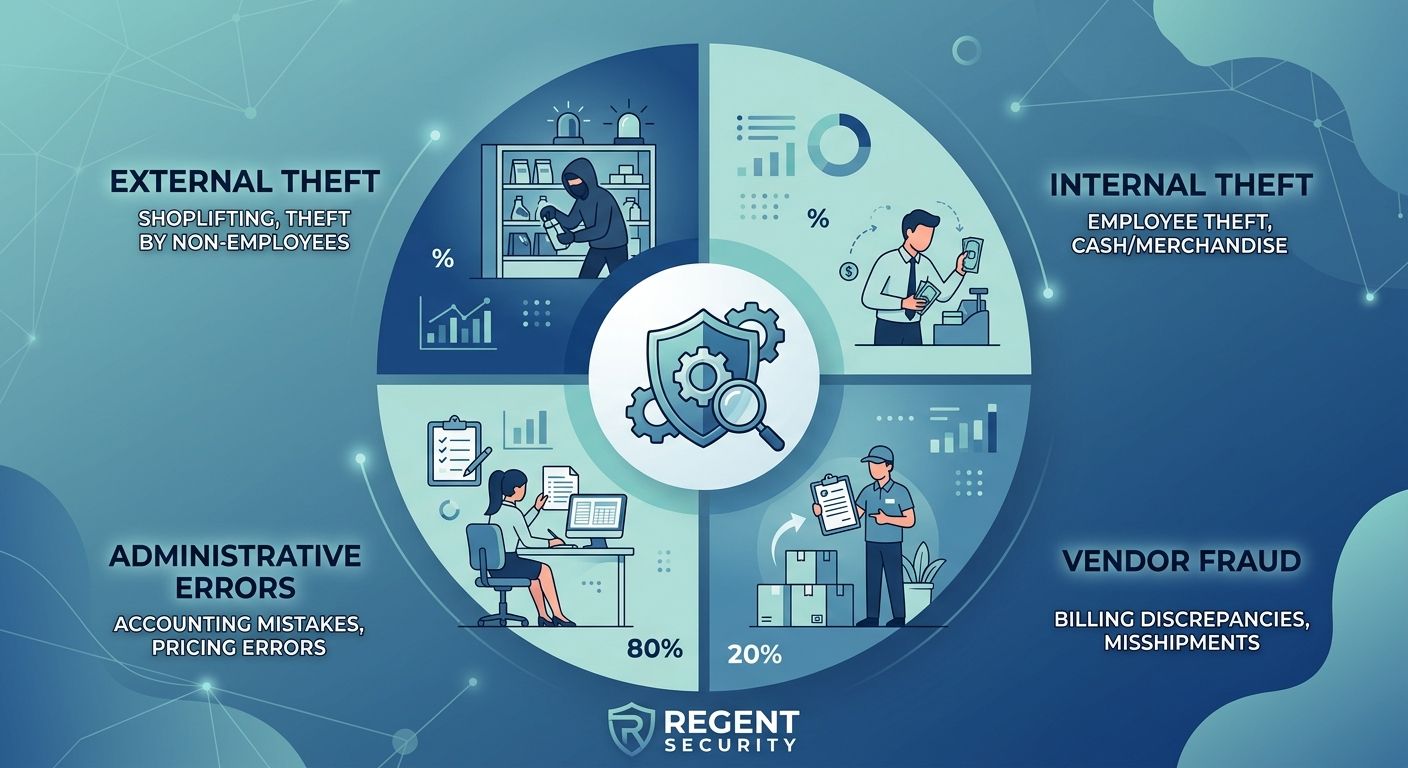 An infographic showing four main causes of retail shrinkage: external theft, internal theft, vendor fraud, and administrative errors, using a blue-green color palette.