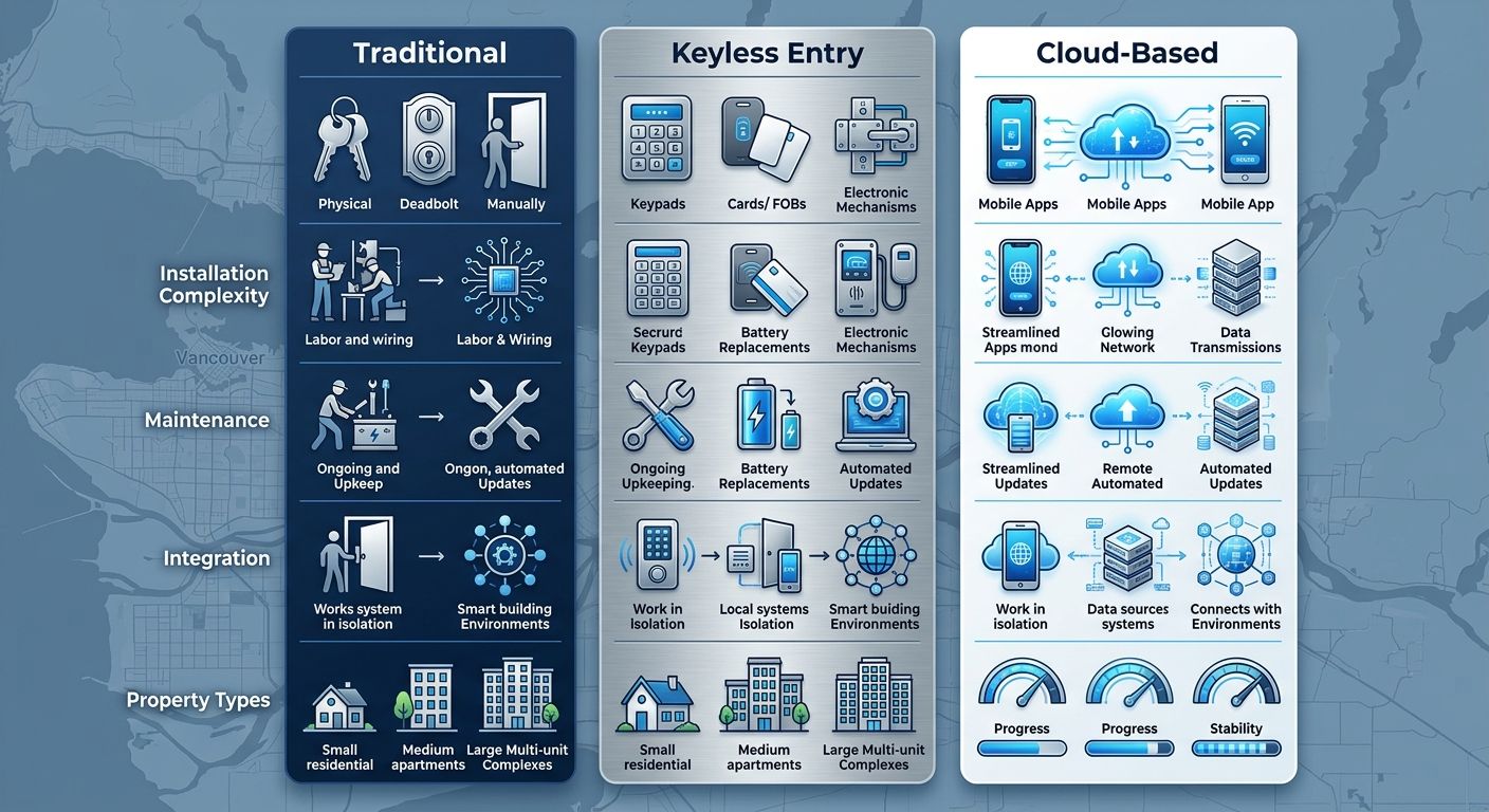 Three-column infographic comparing access control systems for Vancouver properties, featuring icons, comparison rows, and a subtle Lower Mainland map background.