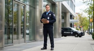 Uniformed security guard standing confidently in front of a modern commercial building entrance in Vancouver, with a marked patrol vehicle in the background, conveying trust and vigilance.