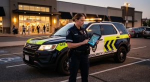 Uniformed security guard standing beside a marked patrol vehicle in a commercial parking lot at dusk, holding a tablet with GPS tracking interface, with a building entrance in the background.