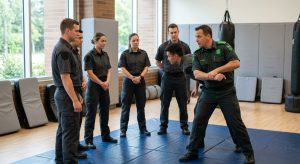 Professional photograph of security guard trainees in a modern training facility in British Columbia, with an instructor demonstrating defensive techniques