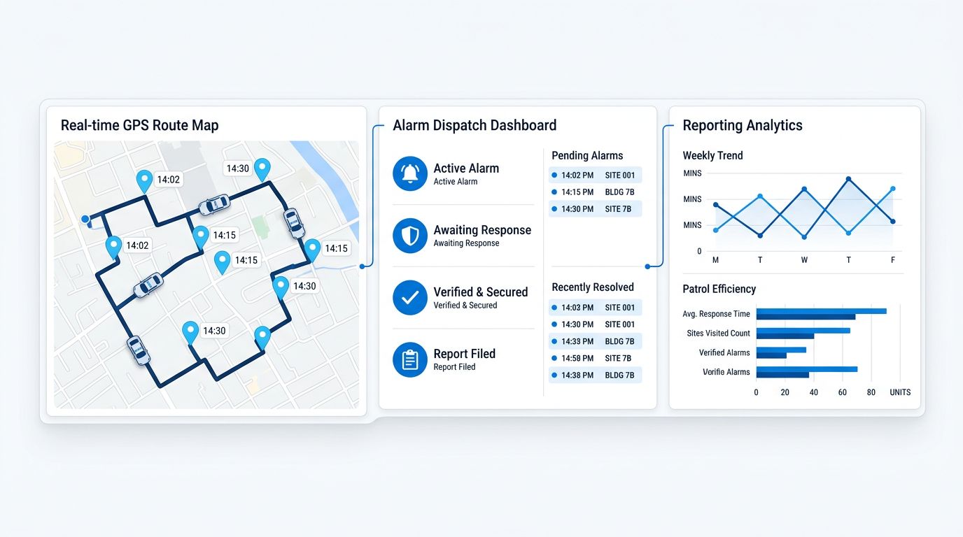 Infographic showing three panels: GPS tracking route map with checkpoint pins, alarm response dispatch dashboard, and reporting analytics chart, all in blue and white professional style.