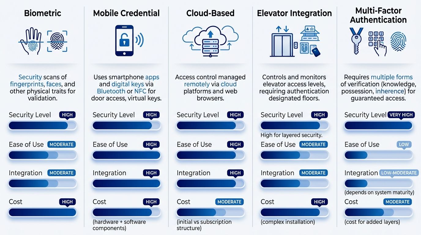 Comparison infographic of five access control systems with qualitative bars for security level, ease of use, integration, and cost