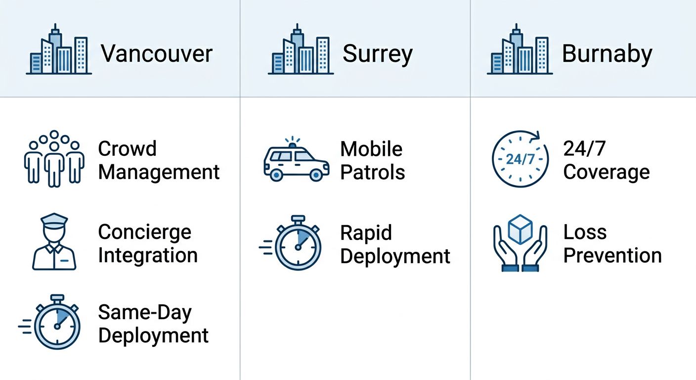 Infographic comparing Regent Security's event security services in Vancouver, Surrey, and Burnaby, showing city-specific offerings like crowd management and mobile patrols with blue and white icons.
