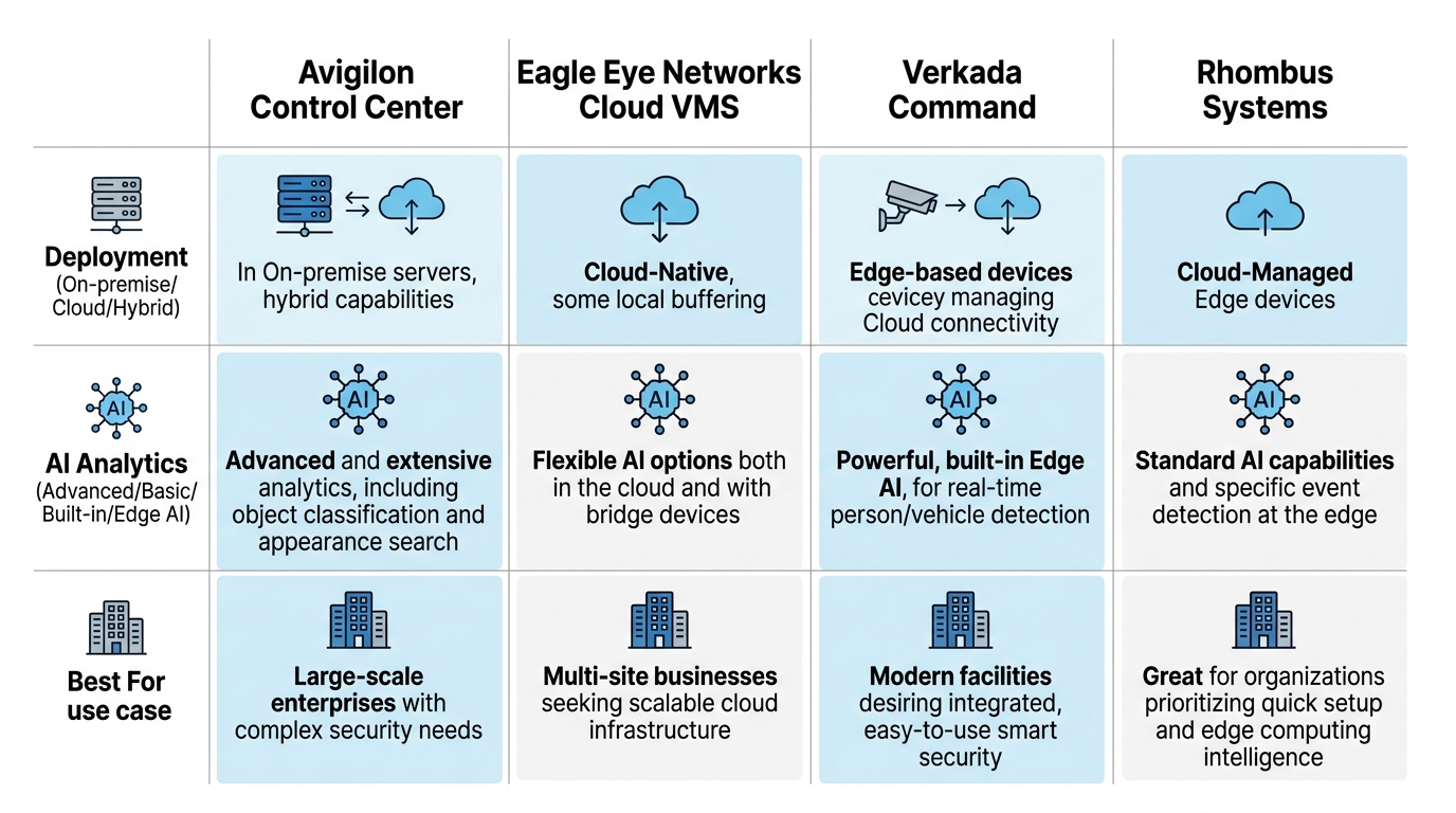 Comparison infographic of four remote video monitoring software platforms: Avigilon Control Center, Eagle Eye Networks, Verkada Command, and Rhombus Systems, comparing deployment types, AI analytics capabilities, and best-use scenarios with blue and gray color scheme.