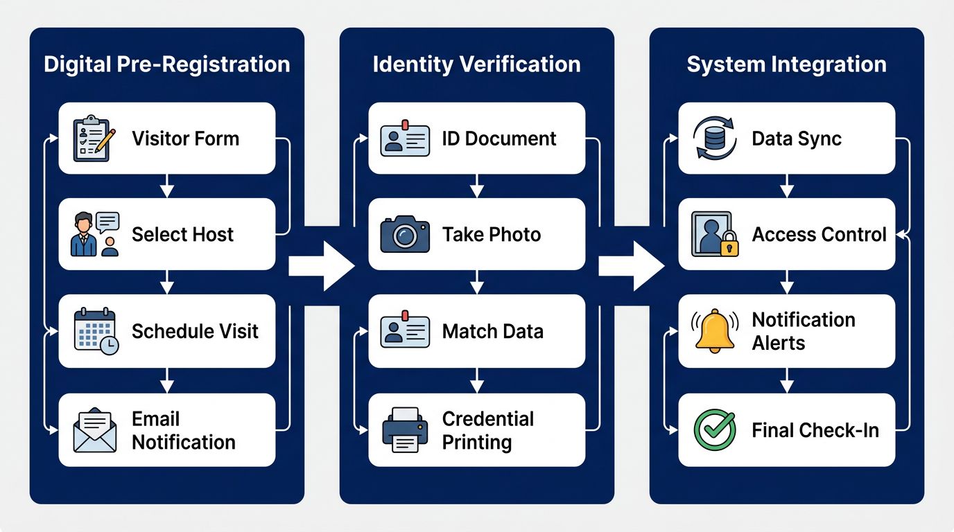 Horizontal process flow showing three stages of visitor management: digital pre-registration, identity verification, and system integration with CCTV and access control.