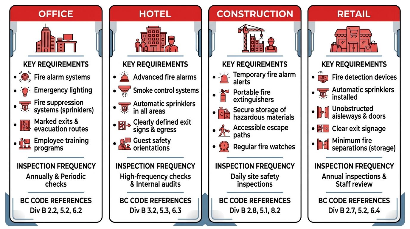 comparative infographic showcasing fire safety plan requirements for office, hotel, construction site, and retail sectors in Vancouver with inspection frequencies and BC Code references