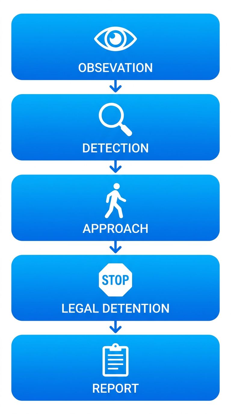 Five-step vertical flow diagram illustrating the loss prevention officer process: Observation, Detection, Approach, Legal Detention, and Report with blue gradient rounded rectangles and connecting downward arrows