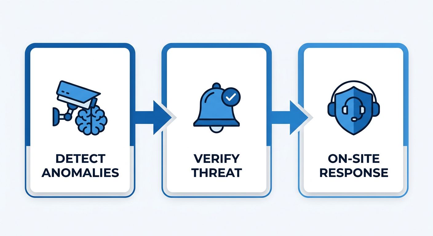 Three-step process flow for proactive threat detection showing AI video analytics detecting anomalies, automated alerts verifying threats, and coordinated guard dispatch for on-site response, using a clean blue and white design.