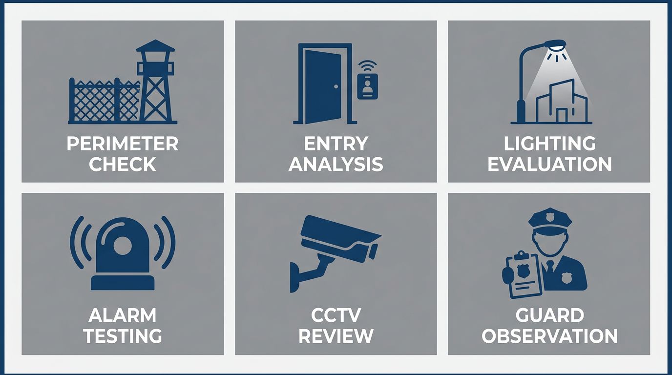 Infographic showing six components of a commercial physical security audit including perimeter check, entry point analysis, lighting evaluation, alarm system testing, CCTV coverage review, and security personnel observation, arranged in a clean grid layout.