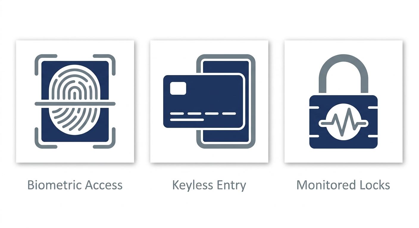 Icon set showing biometric access, keyless entry, and monitored locks