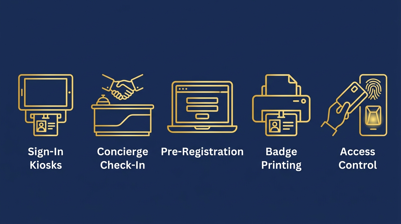 Five visitor management icons: Sign-In Kiosks, Concierge Check-In, Pre-Registration, Badge Printing, Access Control, each with gold outline on navy background