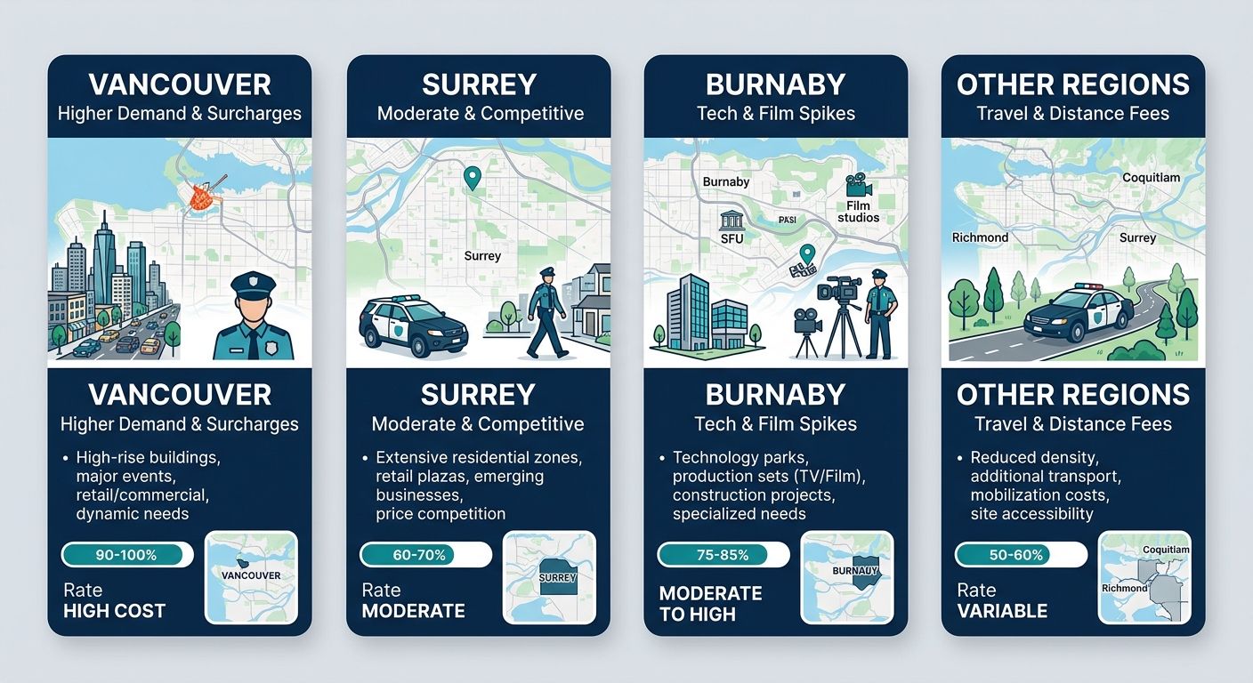Infographic map highlighting higher, moderate, and lower security guard cost ranges across Vancouver, Surrey, Burnaby, and other Lower Mainland regions with professional callout boxes and icons.