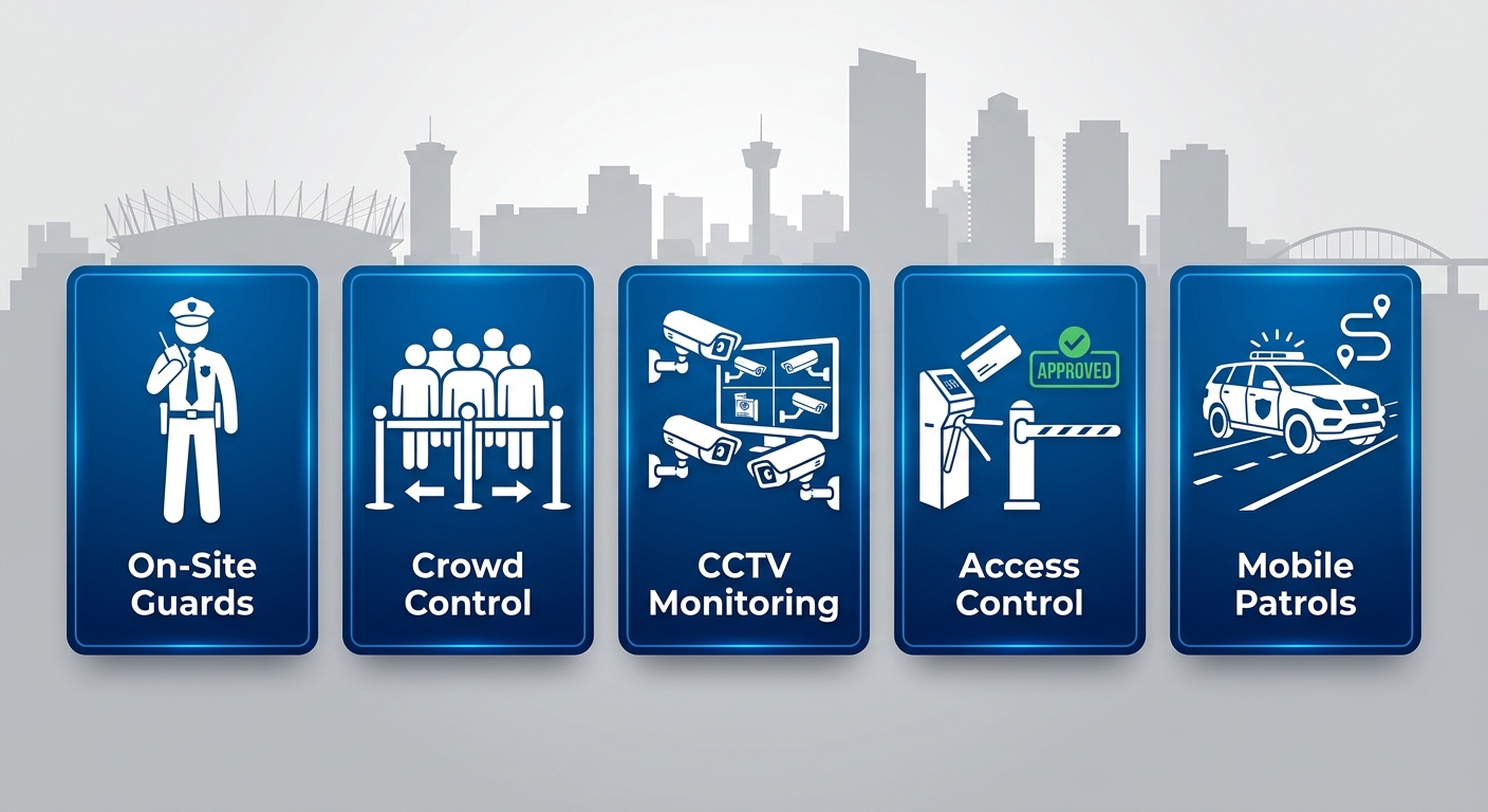 Event security services in Surrey, British Columbia - infographic with five service pillars