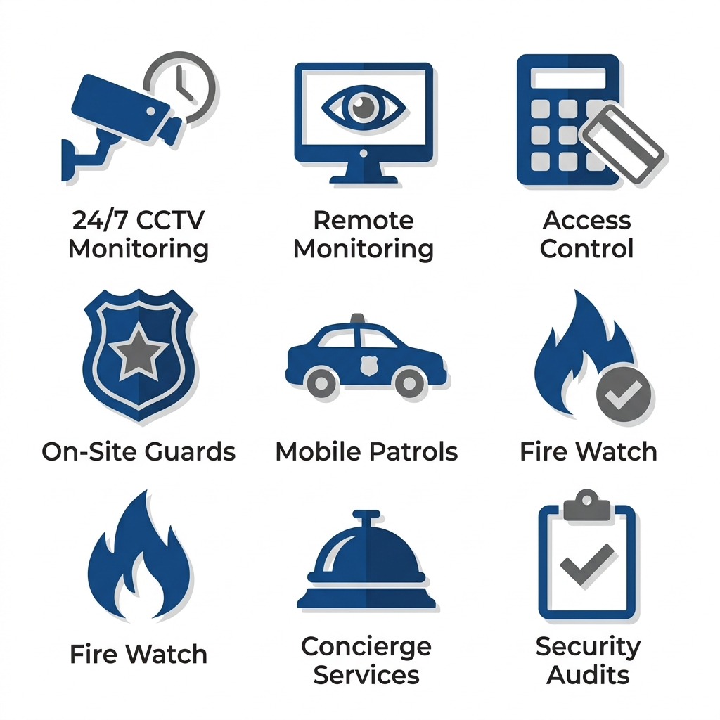 Grid of 8 flat icons showing security services including 24/7 CCTV monitoring, remote monitoring, access control, on-site guards, mobile patrols, fire watch, concierge services, and security audits.