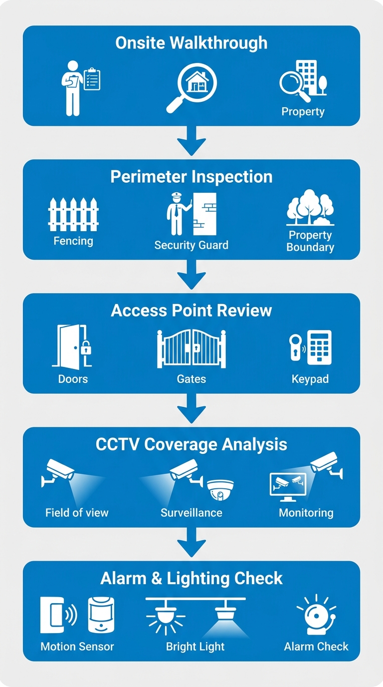 Diagram of pre-implementation security assessment process with five key stages.