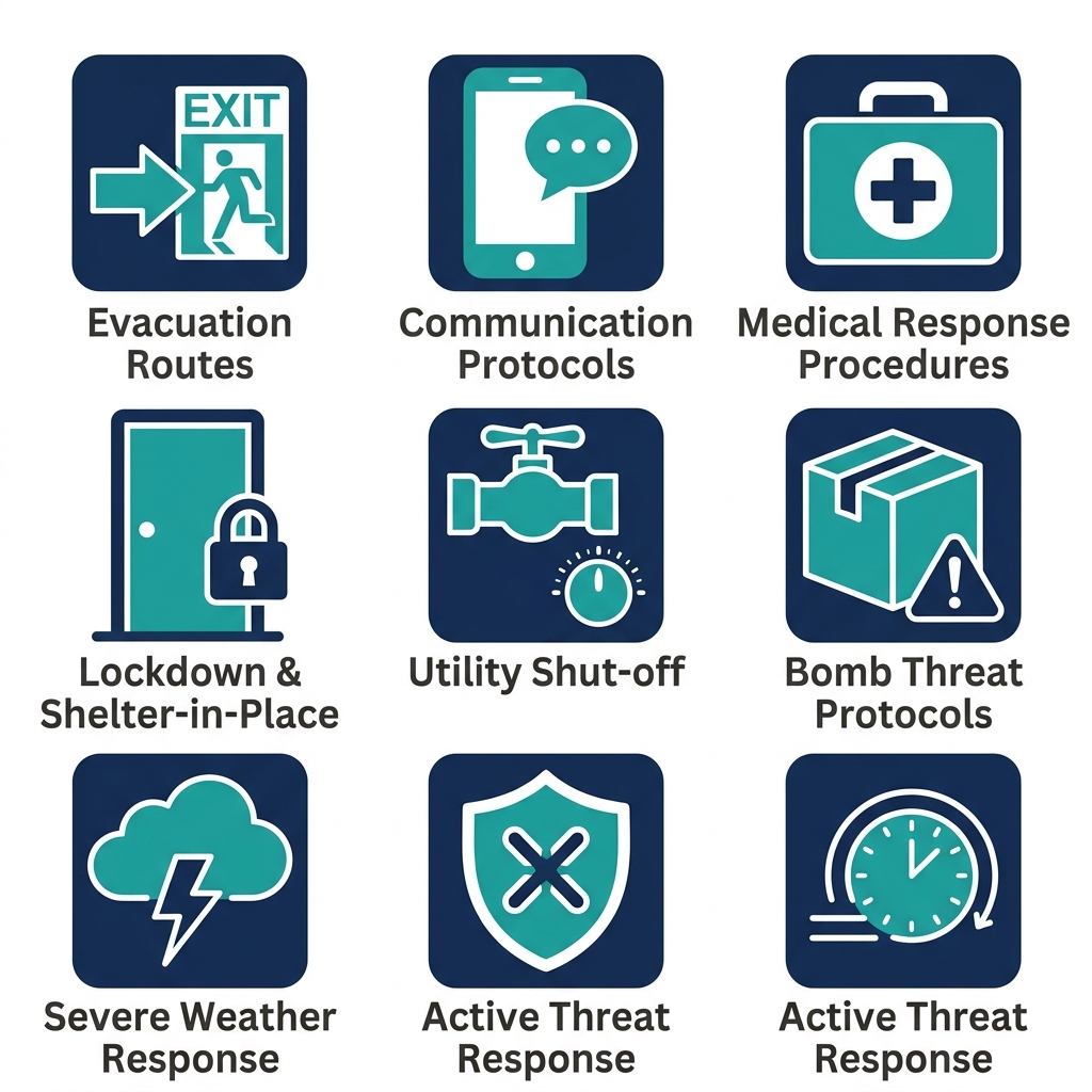 Flat icons in teal and navy on a white background, arranged in a 3x3 grid with generous spacing. Each icon labeled underneath in dark gray sans-serif. Professional, clean, and minimal design.