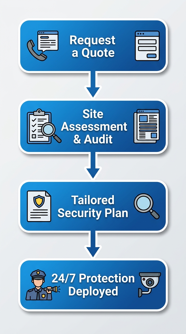 Vertical process flow with four steps from quote request to 24/7 protection for securing a Vancouver construction site.