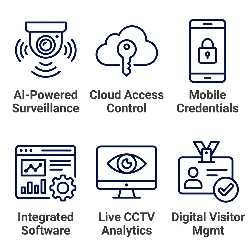 Icon set of six security technologies: AI-powered surveillance, cloud access control, mobile credentials, integrated software, live CCTV analytics, and digital visitor management, shown with navy blue outlines on white background with dark grey labels.