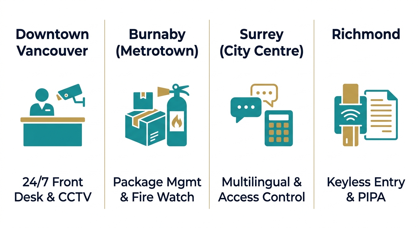 Comparación visual de los requisitos de seguridad de conserjería en cuatro distritos del área de Vancouver