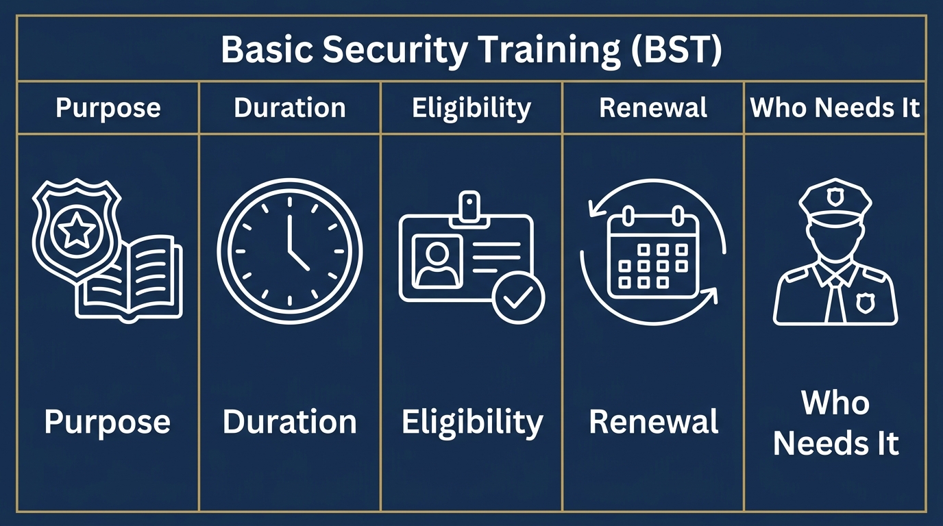Infographic showing Basic Security Training (BST) requirements: Purpose, Duration, Eligibility, Renewal, Who Needs It.