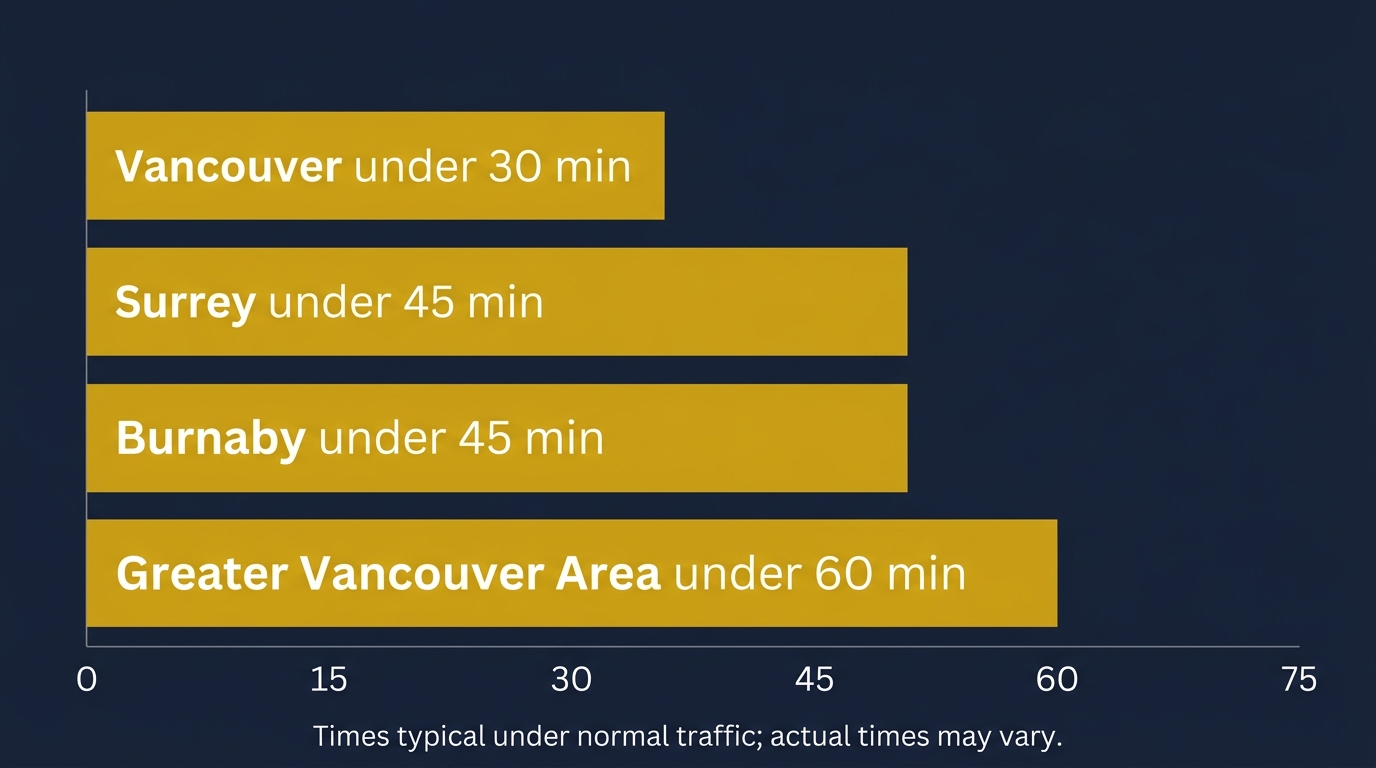 Horizontal bar chart comparing typical emergency security guard deployment times across Vancouver, Surrey, Burnaby, and the Greater Vancouver Area.