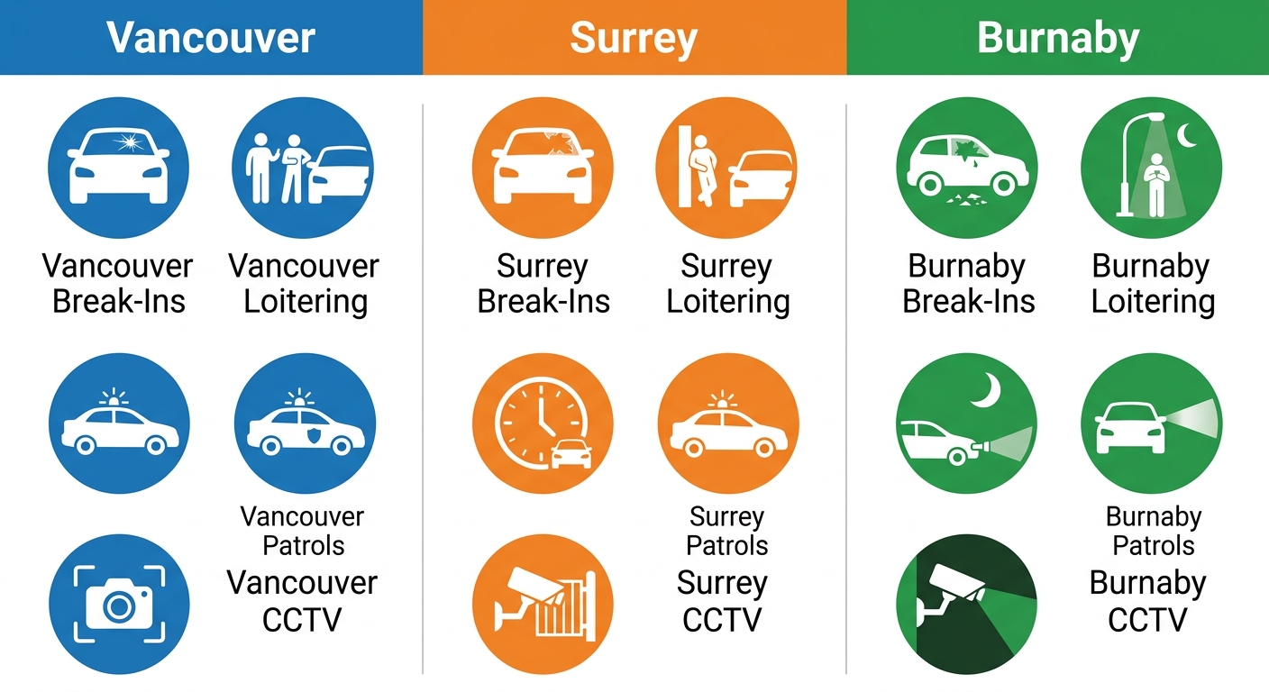 Three-column infographic comparing parking lot security risks and patrol measures in Vancouver, Surrey, and Burnaby, covering break-ins, loitering, patrols, and CCTV.