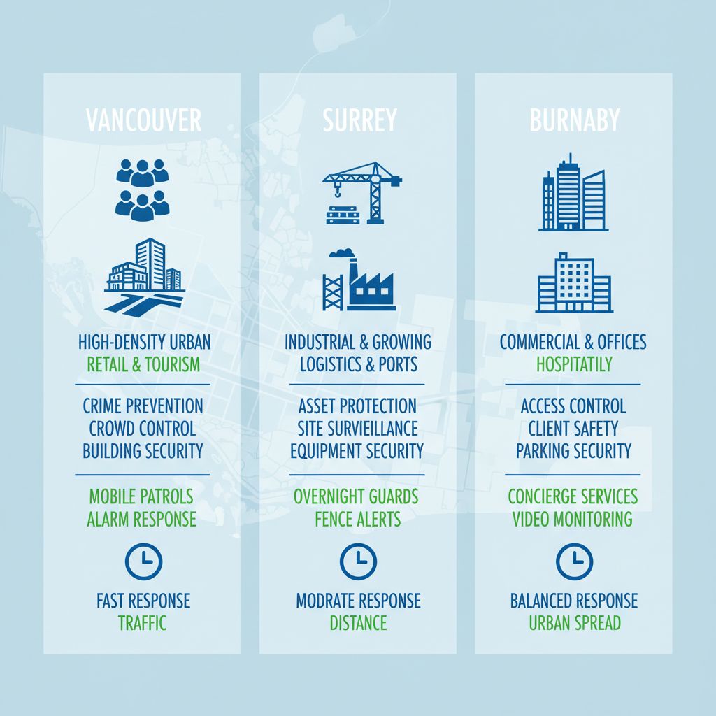Infographic comparing security needs and services in Vancouver, Surrey, and Burnaby with urban, industrial, and commercial icons.