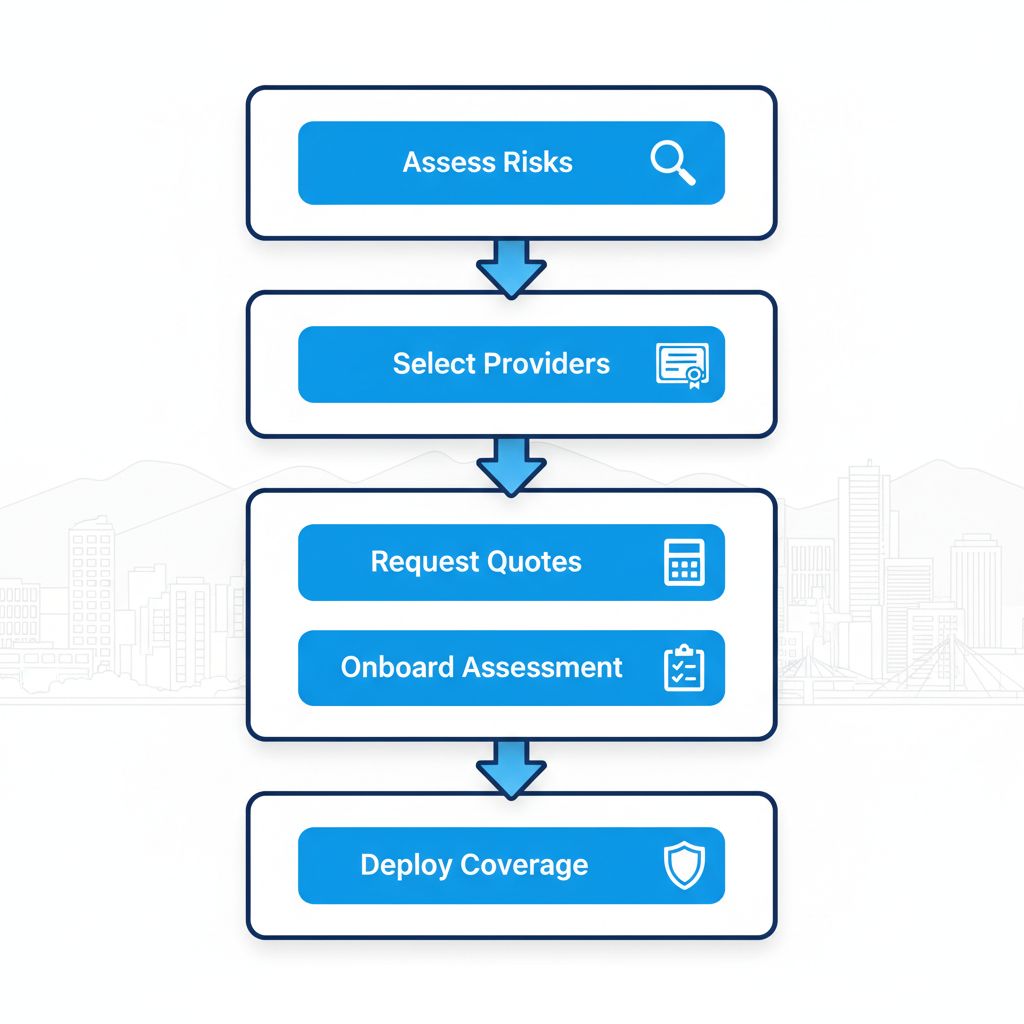 Vertical process flow diagram illustrating five steps to secure properties in Vancouver with icons and brief labels.