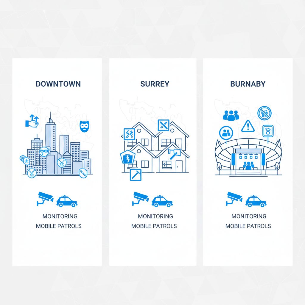 Infographic illustrating security challenges like theft, break-ins, and event risks, plus solutions such as CCTV and patrols in Downtown Vancouver, Surrey, and Burnaby areas.
