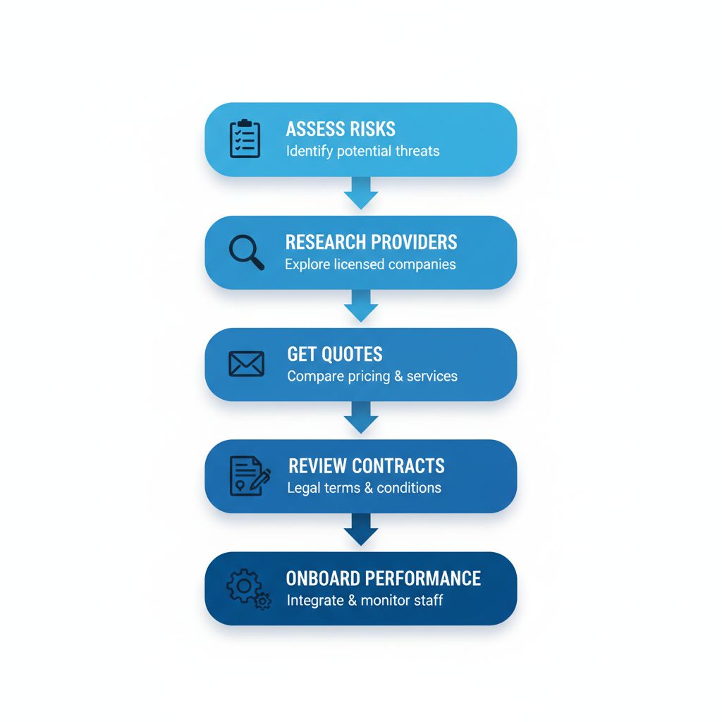 Vertical process flow diagram illustrating five steps to hire security services in Vancouver, featuring icons for risk assessment, research, quotes, contracts, and onboarding.