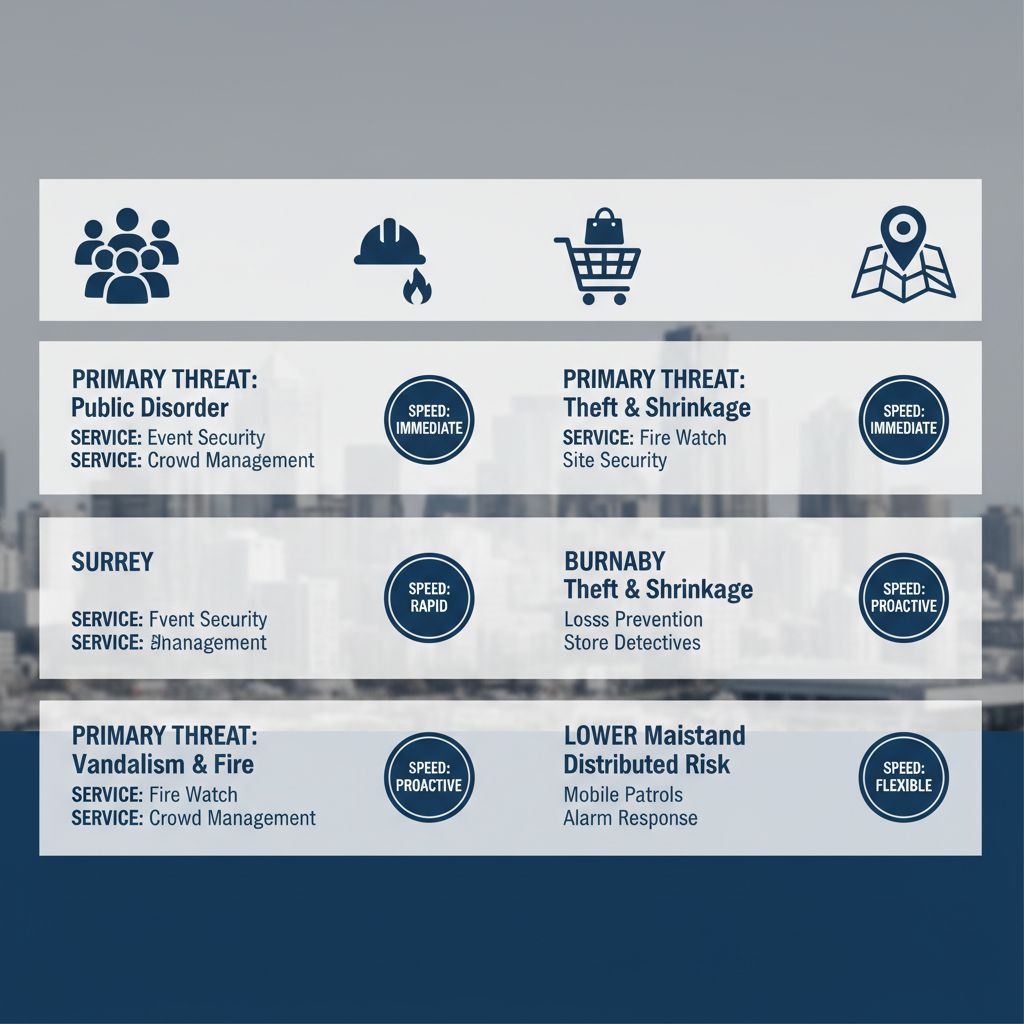 Infographic showing security challenges and Regent Security services in Vancouver areas: Downtown events, Surrey fire watch, Burnaby loss prevention, Lower Mainland patrols.
