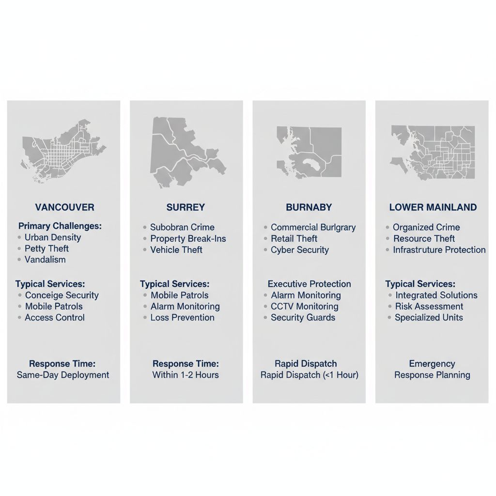 Infographic comparing security challenges, services, and response times across Vancouver, Surrey, Burnaby, and Lower Mainland areas