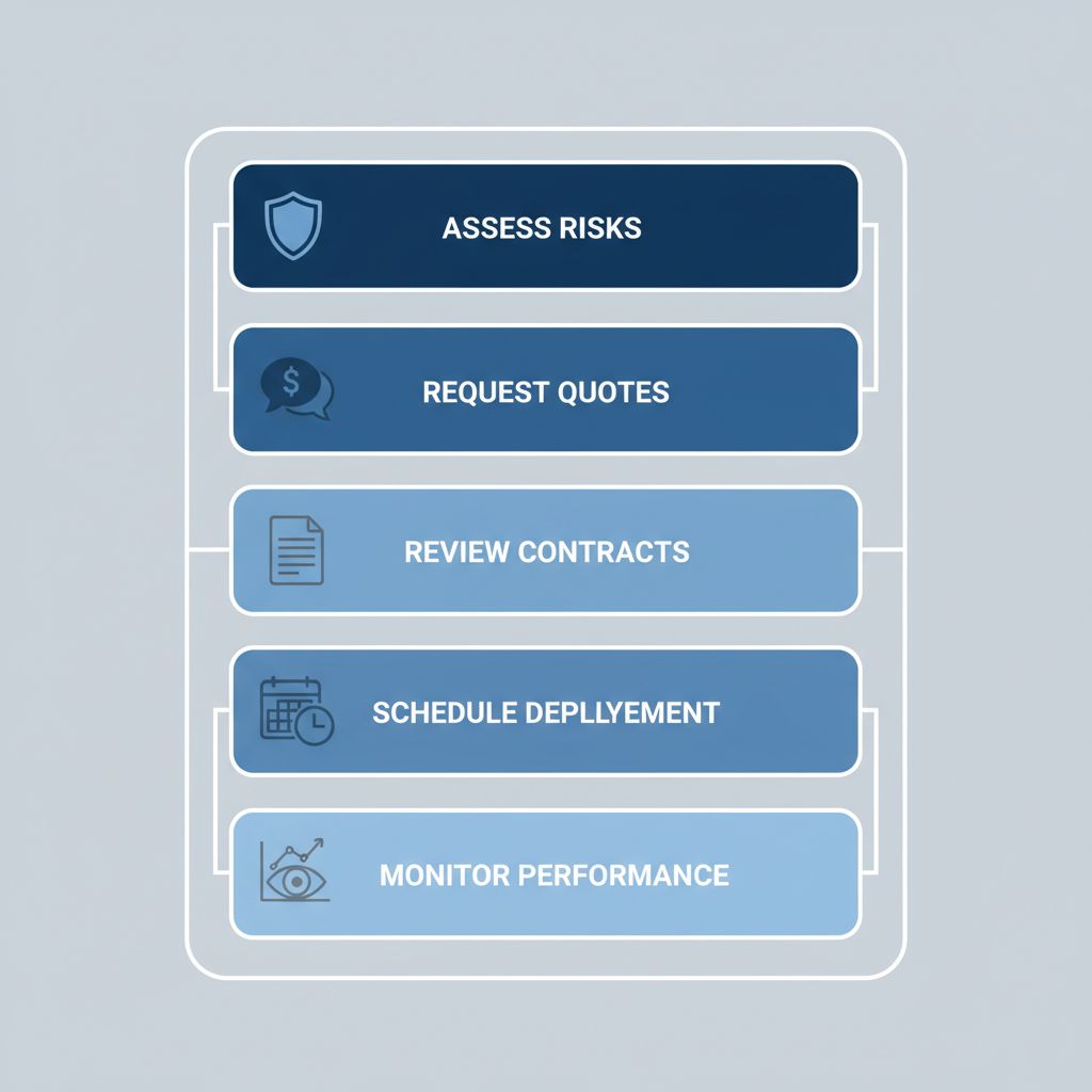 Process flow diagram illustrating five key steps to hire security guards in Vancouver, from risk assessment to performance monitoring.