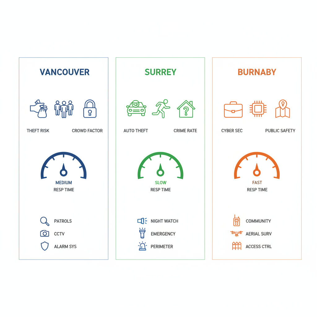 Infographic comparing security risks, response times, and services in Vancouver, Surrey, and Burnaby with color-coded panels.